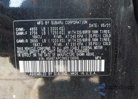 2021 Subaru Outback Touring z USA, uszkodzony, nr VIN 4S4BTAPC0M3219899